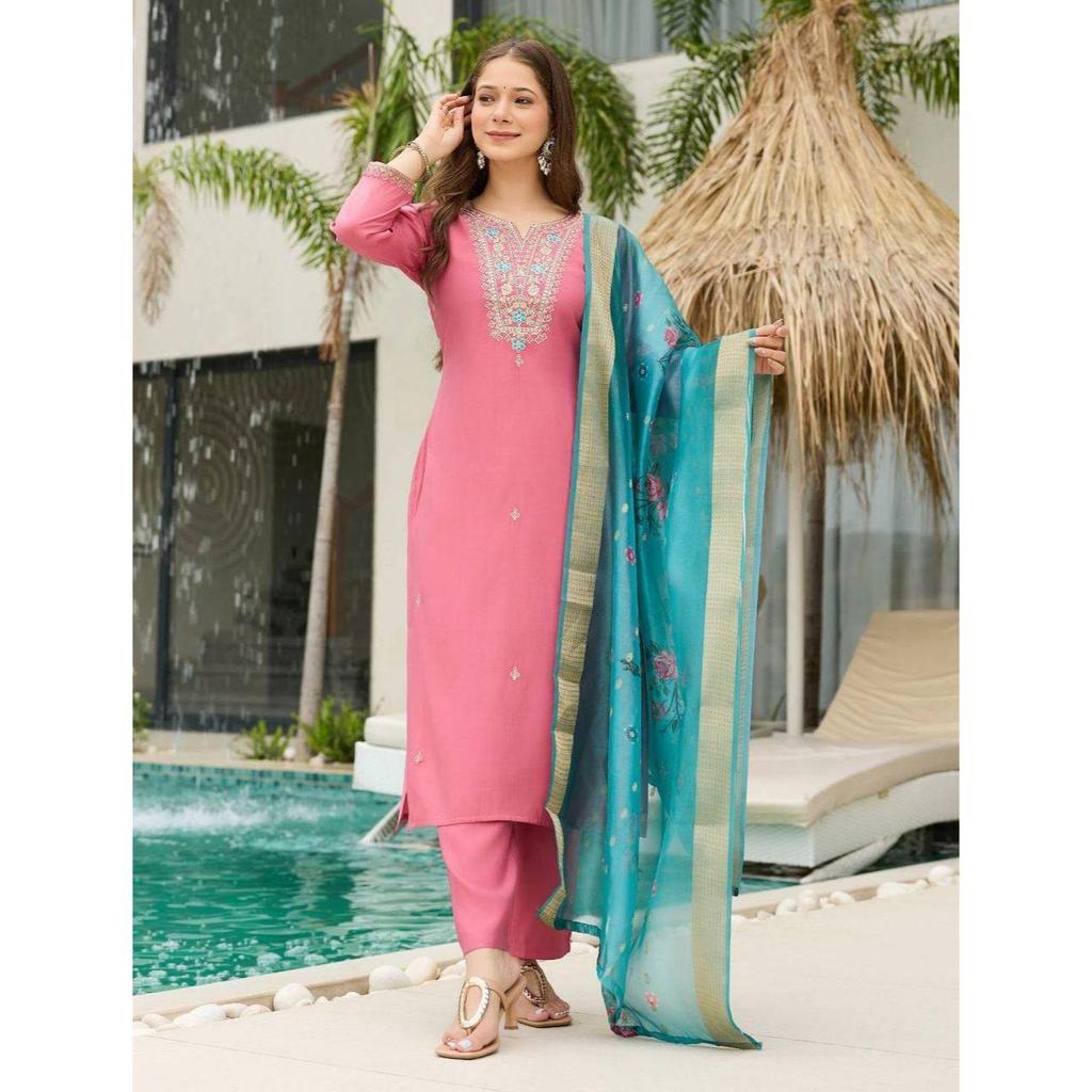 Women's Viscose Silk Embroidered Straight Kurta with Pant And Dupatta Sets
