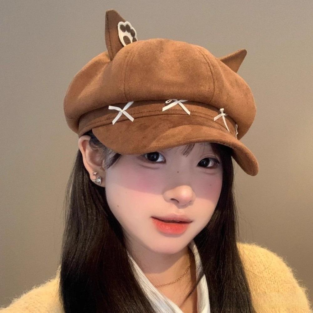 Warm Hat Newsboy Cap Cute Cat Ear Plush Beret New Cat Ears Bow Cap  for Student Wear