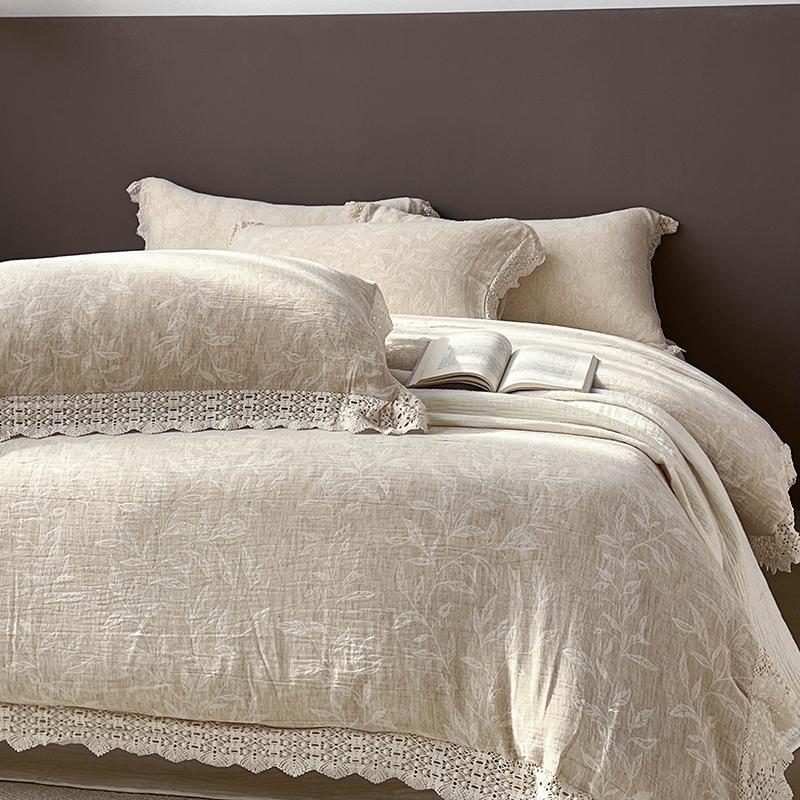 

Natural Linen Cotton French Vintage Jacquard Hollow Lace Princess Bedding Set Duvet Cover Bed Sheet/Fitted Sheet Pillowcase 4Pcs Queen 200X230cm 4pcs