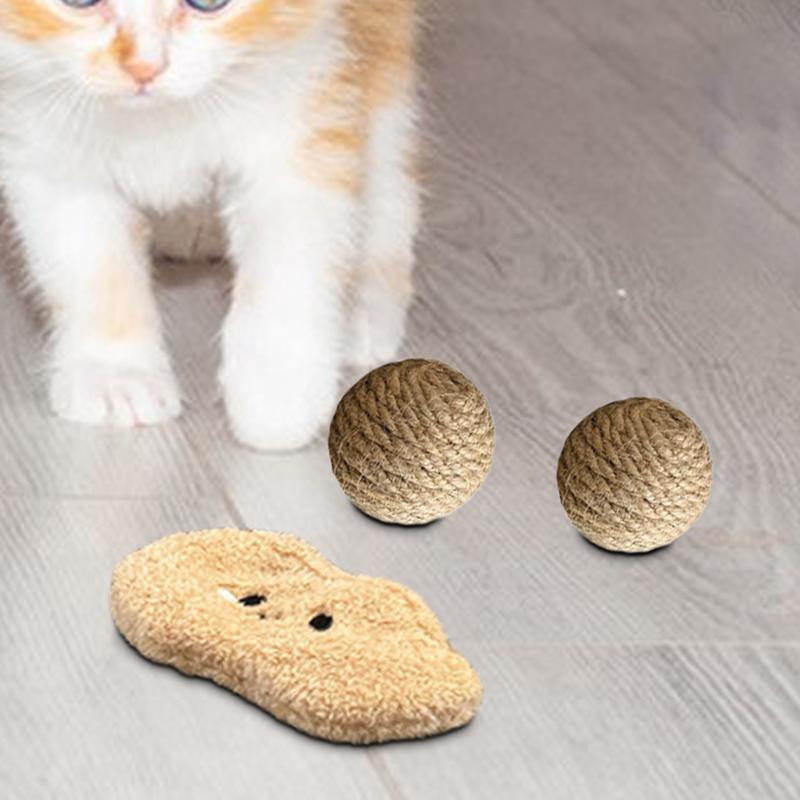 Cat Ball Interactive Toy Pet Squeaky Chewing Ball Wear-resistant Cat Scratcher Ball Cute Sisal Ball Bite-Resistant Sound Toy Set
