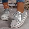 Women Shoes Diamond Setting Platforms Casual PU Walking Flats Lace Up Shoes Sneaker Plus Size 44