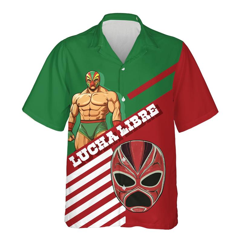 Maglietta da uomo con stampa 3D Maschera da wrestling messicana Lucha Libre Manica corta Collo a revers Top Estiva Street Camicie Hawaiane