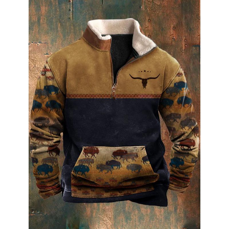 Spring And Autumn New Men'S Long Sleeve Half Zipper Printed Casual Fashion Trend Jacket