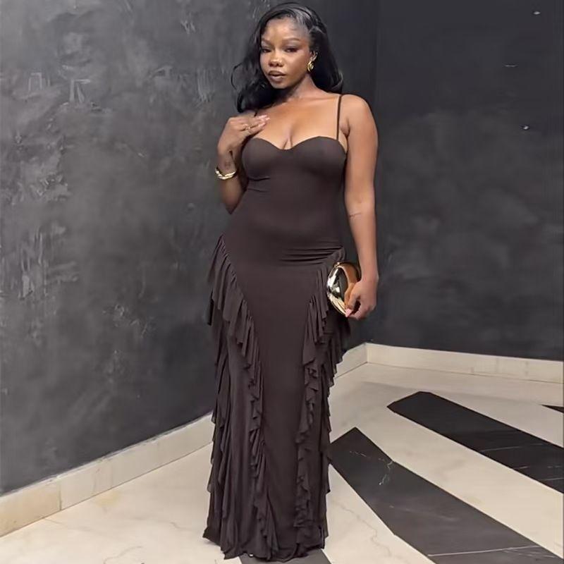 

Western Style New Fashion Sexy Sling Waist Hugging Frill Sheath Dress Sling Sexy Dress Brown 2XL