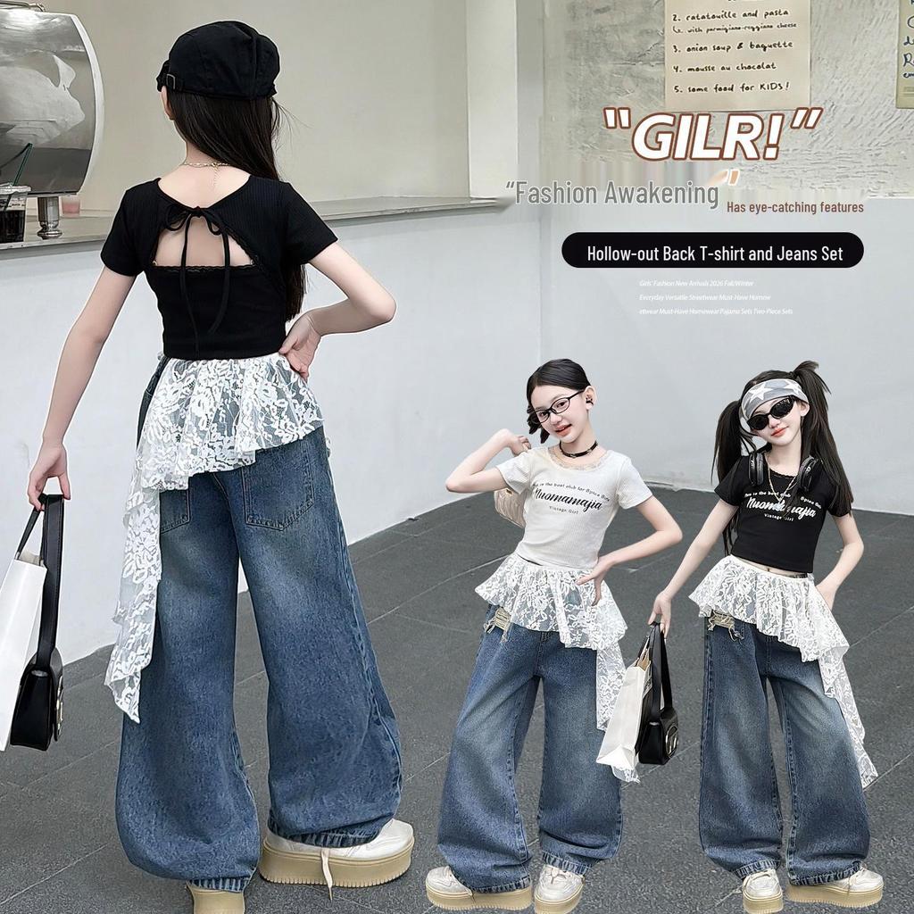 Girls' Trendy Backless T-Shirt & Jeans Set with Lace Jazz Dance Cover