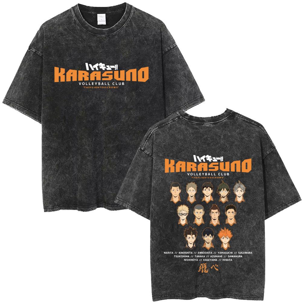 Gewaschenes Vintage Anime Haikyuu KARASUNO Merch T-Shirt Herren Cartoon Manga Oversized T-Shirt Herren Sommer Lässige Kurzarm-T-Shirts
