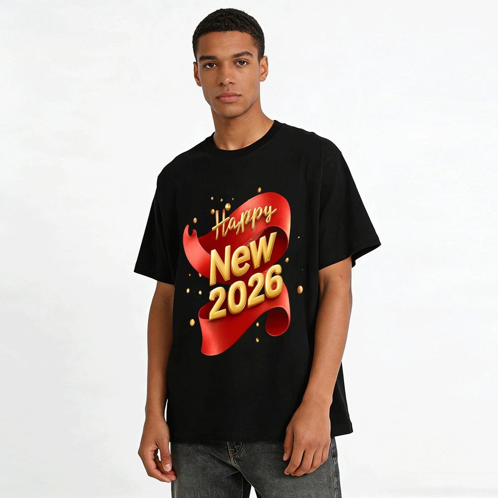 Happy New Year 2026 Red Gold Print Casual Loose Fit Unisex Top Pure Cotton T-shirt