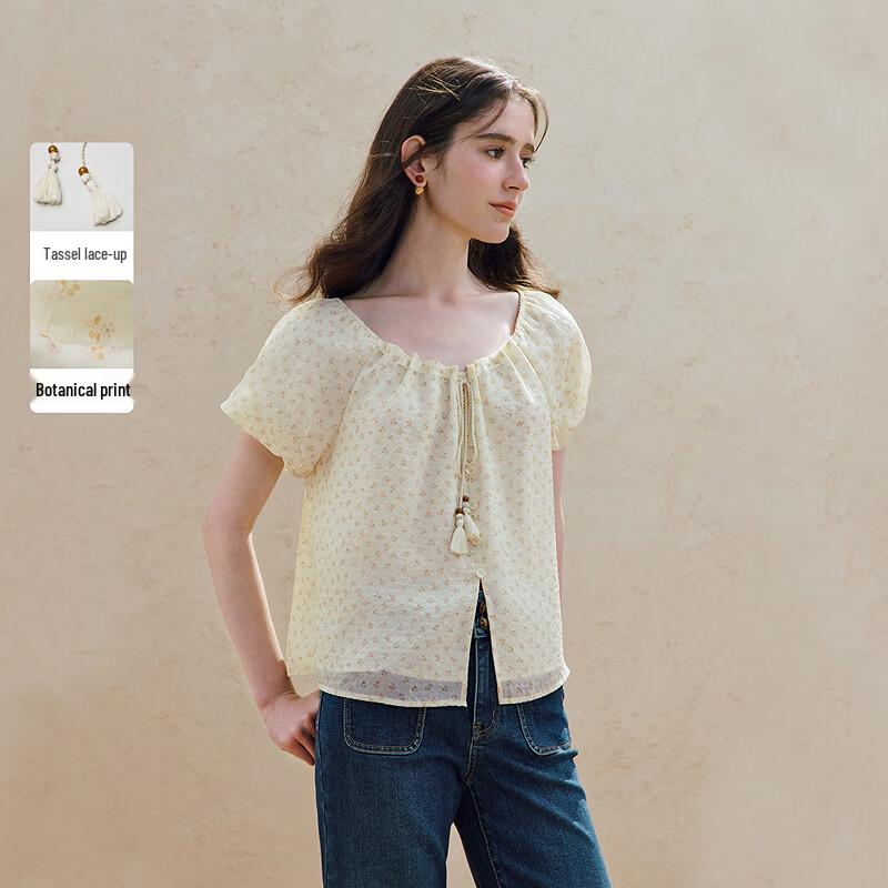 INMAN French Floral Short Sleeve Off-Shoulder Top L