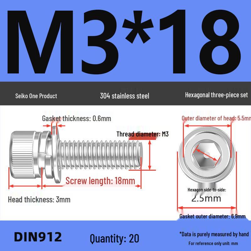 304 Stainless Steel Hex Socket Cap Screw with Washer - Sizes M3, M4, M5, M6, M8, M12