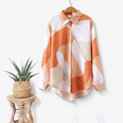 Women Shirt Lapel Long Sleeve Single Breasted Shirt Loose Fit Color Matching