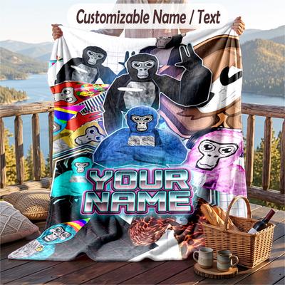 Gorilla Tag Cartoon Flannel Blanket, Personalized Custom Name Text, Soft Warm Plush Throw Blanket For Gift