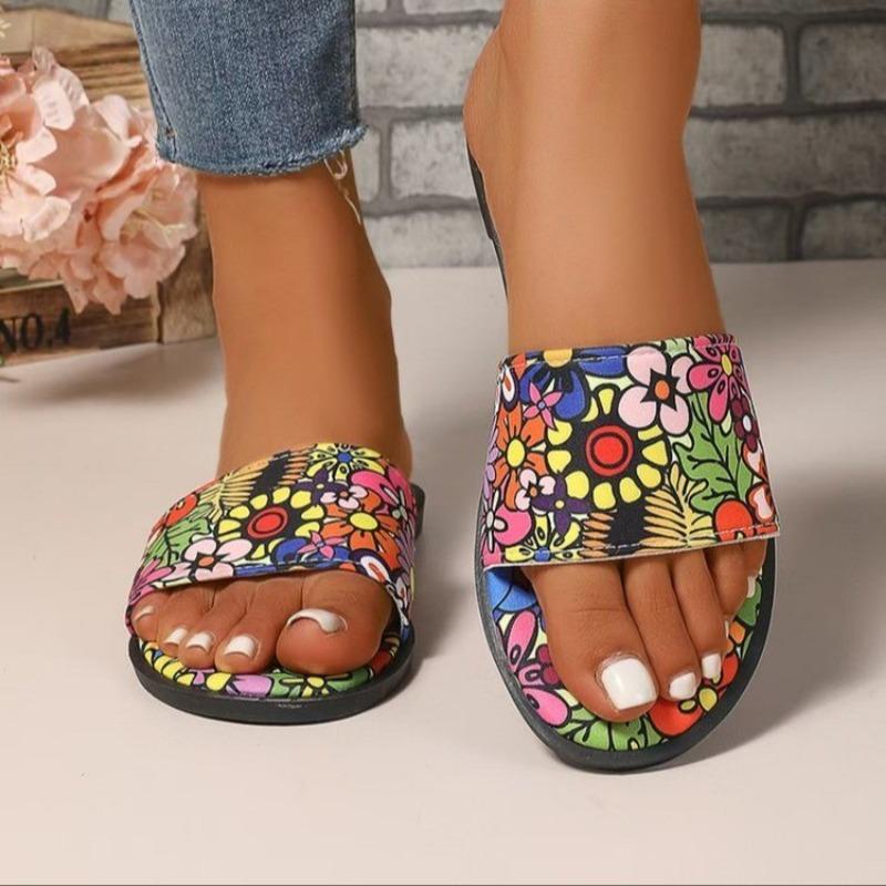 

Мода 2025 Лето Женские шлепанцы с открытым носком больших размеров, с круглым носком, на плоской подошве с принтом, сандалии для улицы, новые повседневные пляжные шлепанцы 43