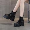 Fashion 11cm Rotro Genuine Leather Women Mid Calf Motorcycle Boots Platform Wedeg Lace Up Slip On Spring Autumn Winter Comfy Shoes