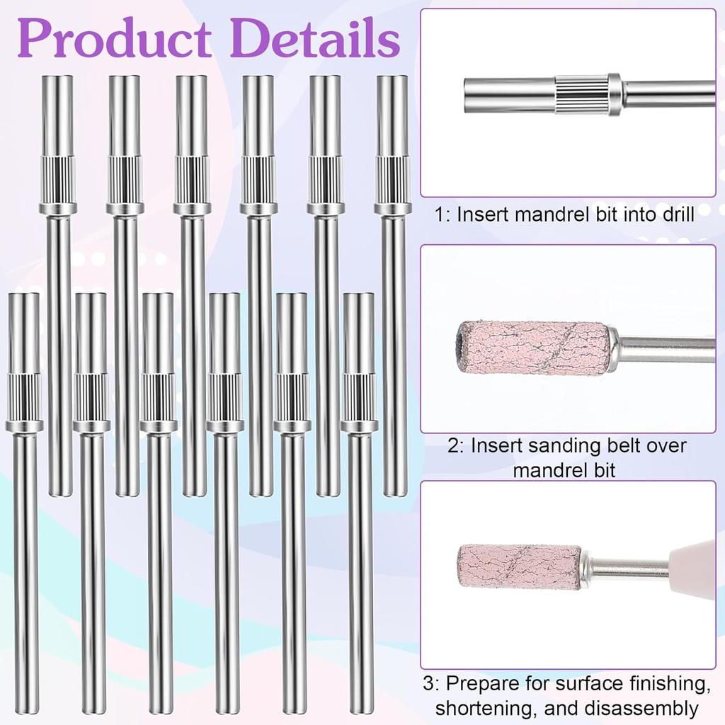 12 Pcs Mandrel Nail Drill Bits,Mandrel Bits for Small Sanding Bands,3.1 MM 3/32 Shank Mini Mandrel Bit for Acrylic Nails Manicure Pedicure Tool