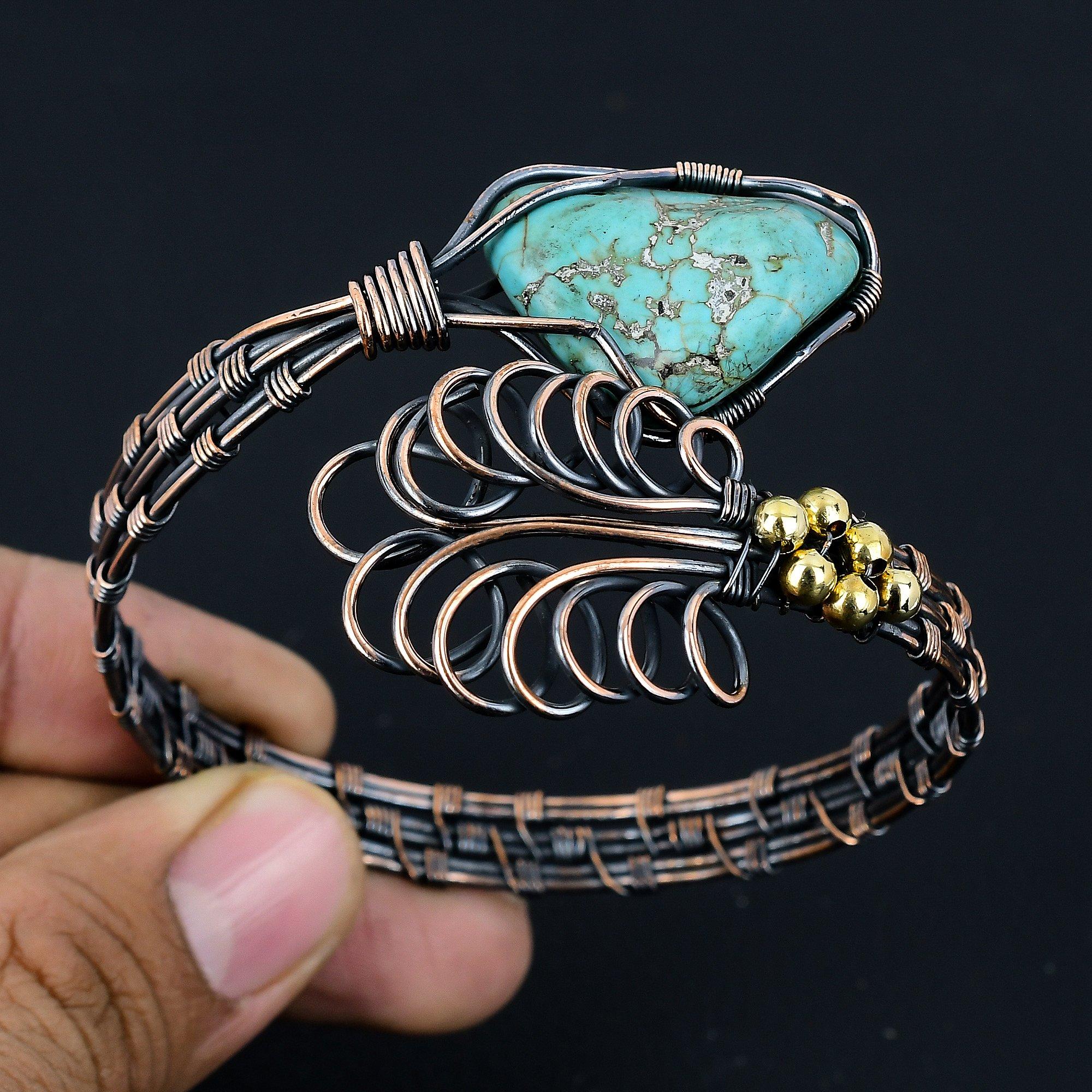 

Бирюзовый браслет-манжета, Браслет из драгоценного камня ручной работы, Антикварное украшение, обернутое медной проволокой 999 пробы, Для подарка на помолвку