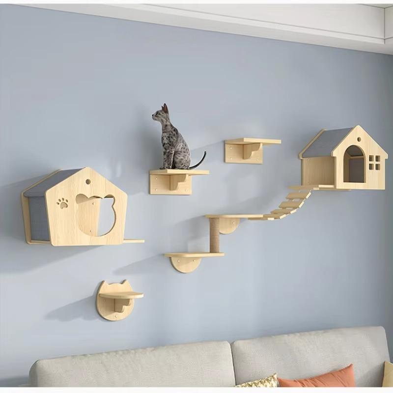 Wooden Cat House Elevated Bed for Cats Wall Mounted Kitten Villa Climbing Shelf for Pets Floating Shelves for Sleeping