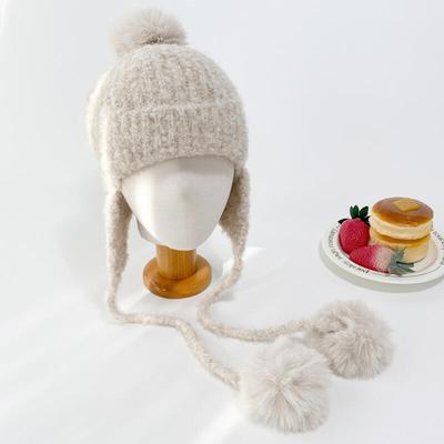 Women's Fur Pom-Pom Beanie Bokashi Wool Knit Boucle Hat