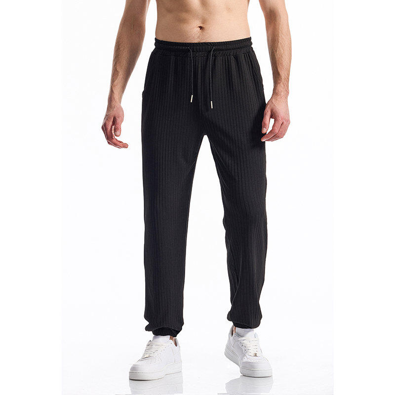 Men's Spring/Spring Ribbed Pants Elastic Waistband with Drawstring Straight Leg Comfortable and Versatile for Everyday Wear