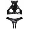 Women's PU Leather Hollow Out Lingerie 2 Piece Sexy Bra and Panty Sets