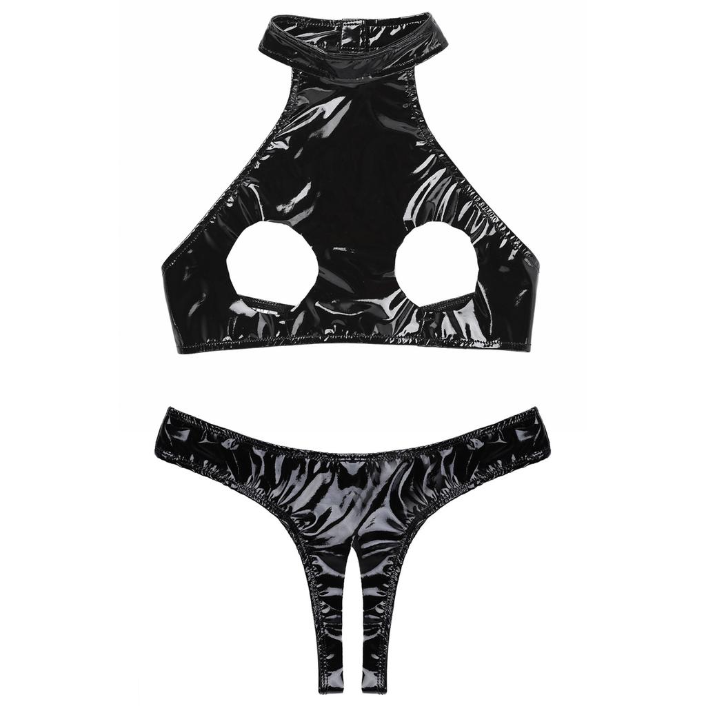 Women's PU Leather Hollow Out Lingerie 2 Piece Sexy Bra and Panty Sets