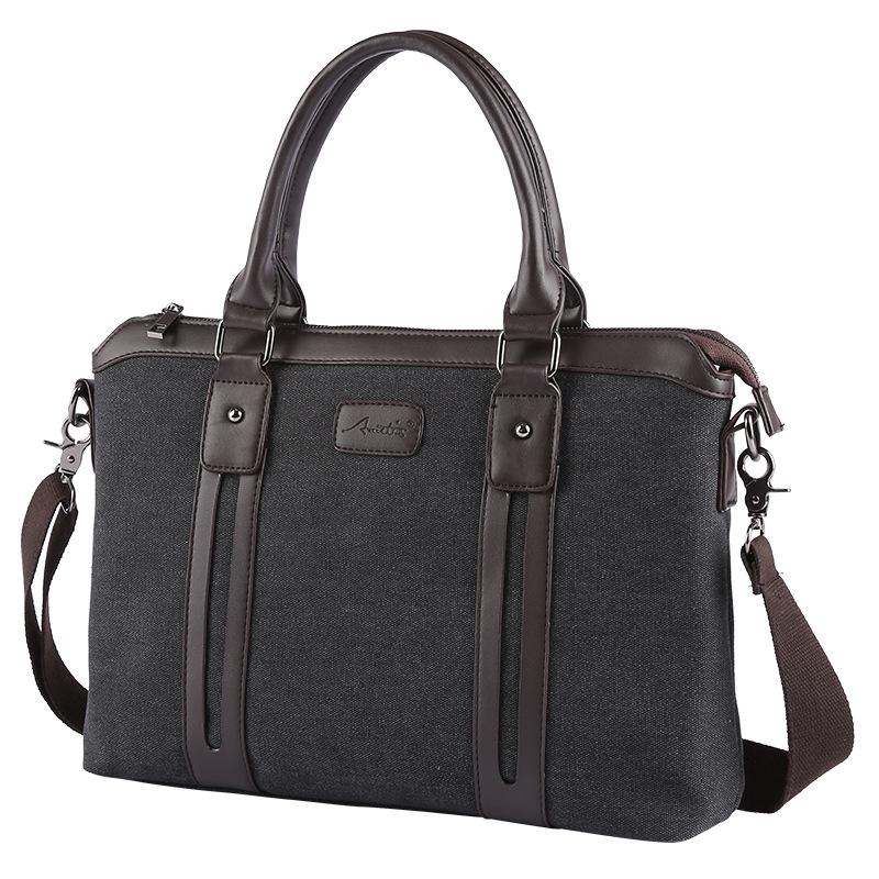 Men's Classic Canvas Business Briefcase: Horizontal Shoulder Bag with Cowhide Accents for Laptop and Daily Use