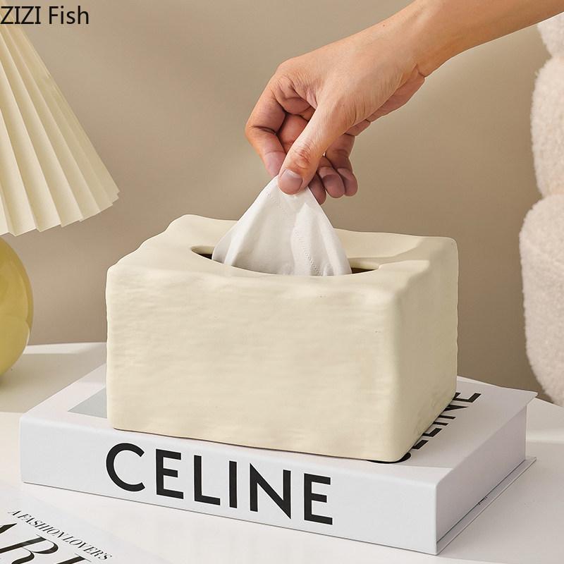 Water Ripple Ceramic Tissue Box Coffee Table Desk Decoration Minimalism Silver-plated Tissue Box Bedside Table Paper Towel Case