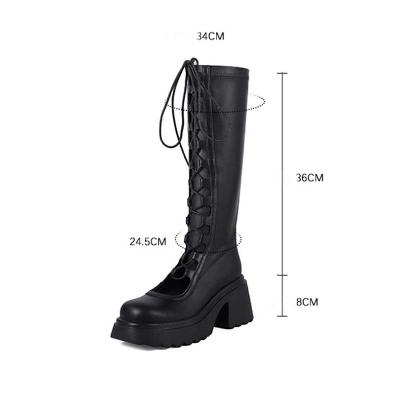Fashion Comemore Summer Women High Boots Fashion Lace Up Platform Heel Shoes Ladies Elegant Women's Black Hollow Out Cool Knight Botas