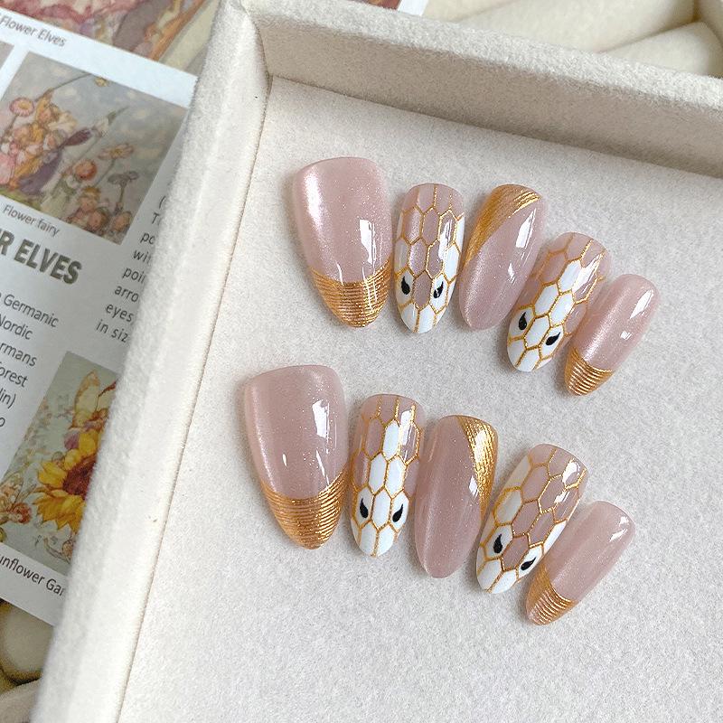 Gold Gilded Cat Eye Nails – Short Snake Year Pink French Tips S