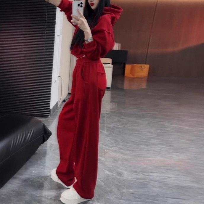 

2025 A/W Red Short Hooded Top & High-Waisted Wide-Leg Pants Two-Piece Set S