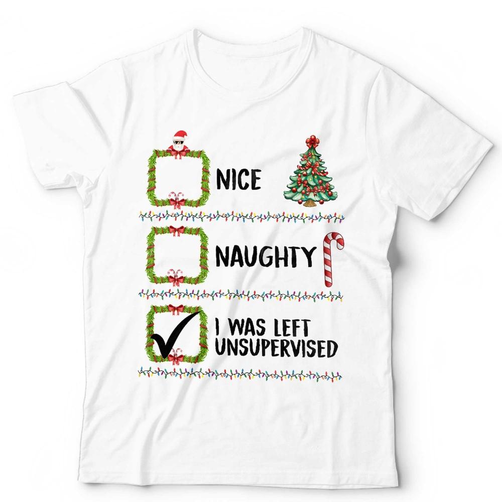 Funny Christmas T Shirt Unisex and Kids Nice Naughty Left Unsupervised Santa Xmas