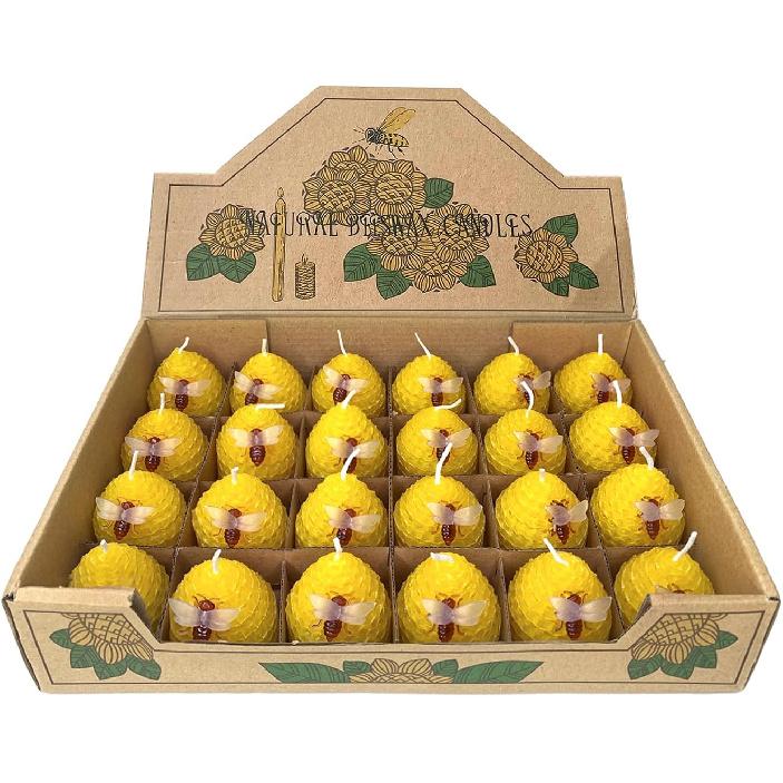 Beeswax Candles Bulk Set of 24pcs, Bee Candles with Little Bee Ornament Decors, Unscented & Dripless& Smokeless, Dia 1.77  x1.97  Each, Yellow