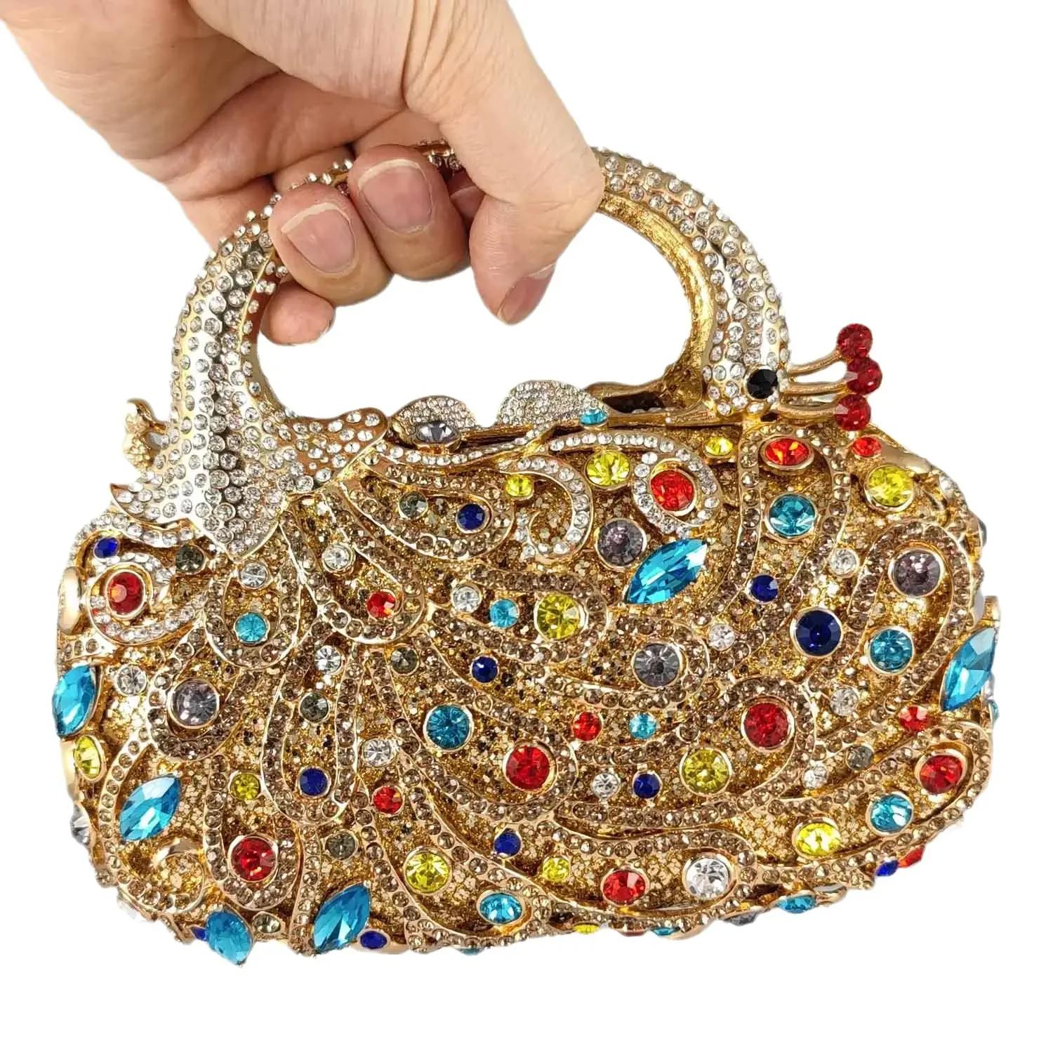 

Boutique De FGG Women Peacock Crystal Clutch Bag with Top Handle Party Cocktail Rhinestone Purse Handbags Metal Evening Bag Mini Clutch