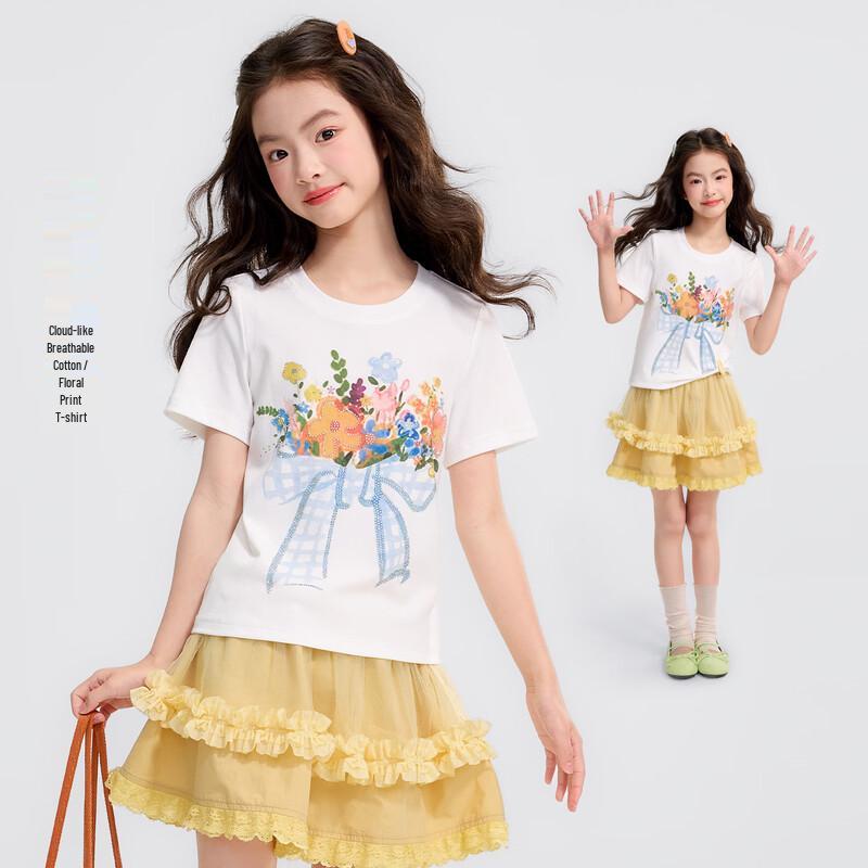 Girls  Floral Print Tencel Cotton Short Sleeve T-shirt 160