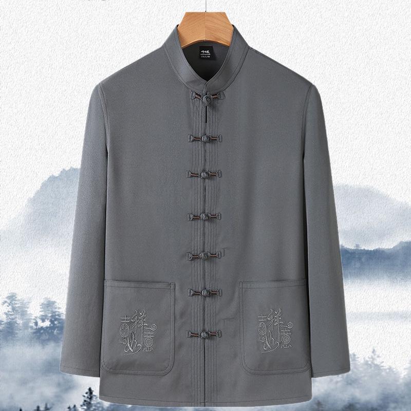 Pánský Tang oblek s dlouhým rukávem: Hanfu v čínském stylu pro jaro/léto - Ideální pro střední věk a seniory, tatínkovo a dědečkovo tričko na tai-či