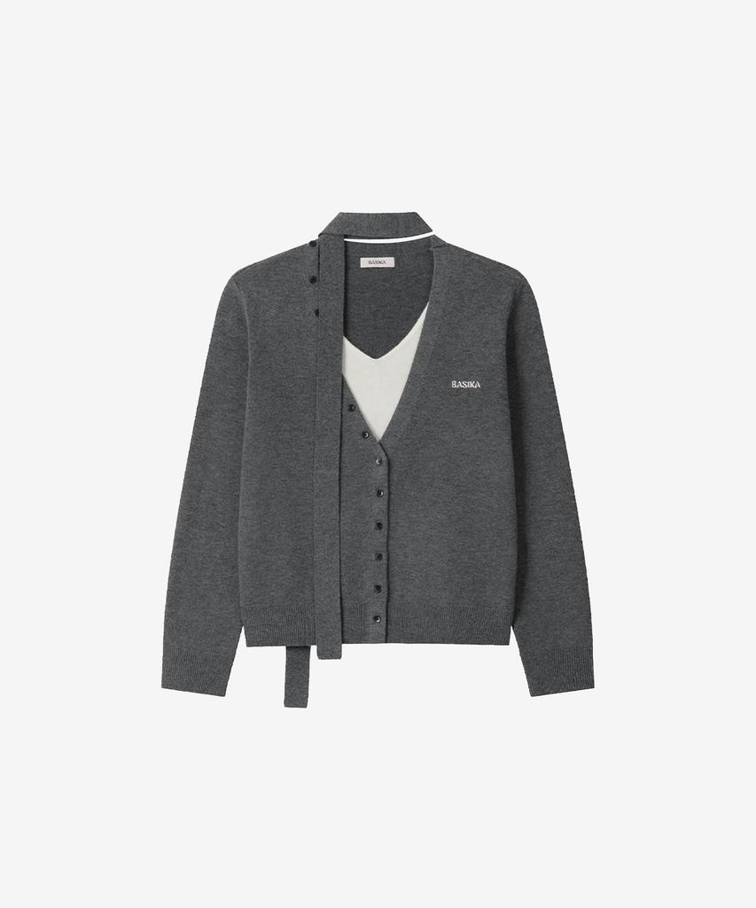 Basika Layered V-Neck Tie Cardigan (Gray)