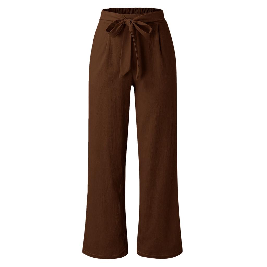 Women's Loose Pocket Wide Leg Pants Casual Button Elastic Waist Cotton Linen Loose Wide Leg Pants