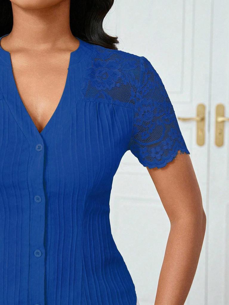 Women's Summer V-neck Embroidered Hollow Short-sleeve Shirt