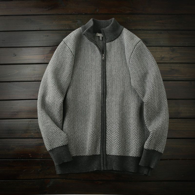 Order Export Men's Clothing Factory Leftover Stock Fall and Winter Pure Cotton Stand Collar Thickening Cardigan Knitting Sweater Outwear Men