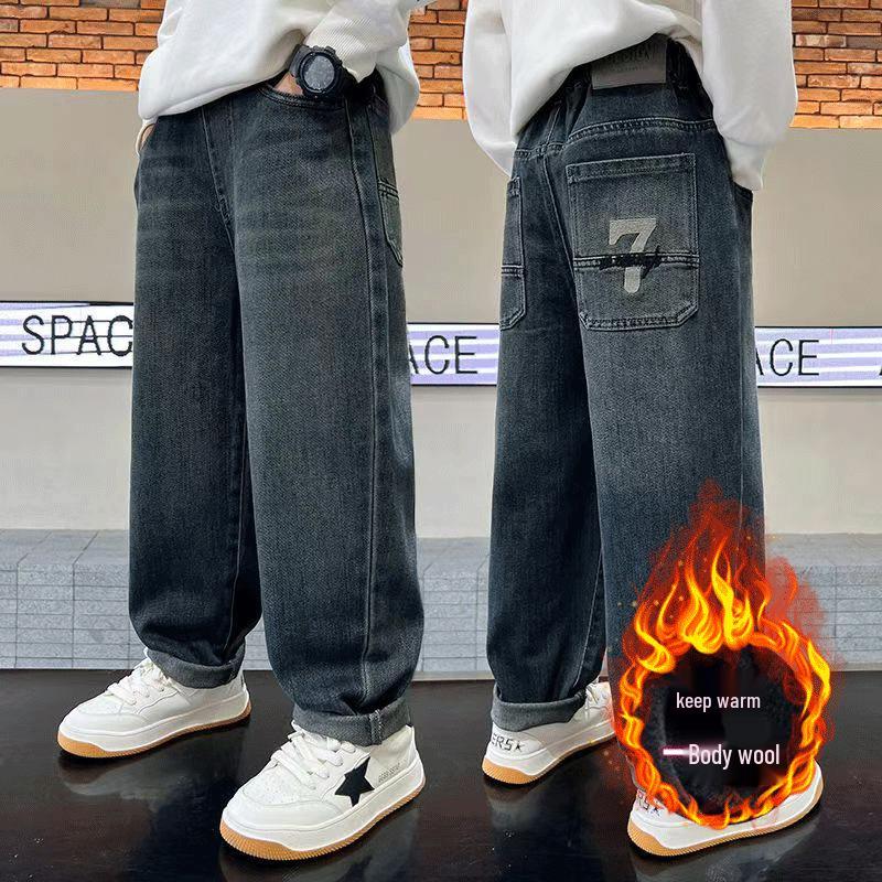 Boys' Fleece-Lined Winter Denim Pants - Versatile Korean Style for Autumn and Winter