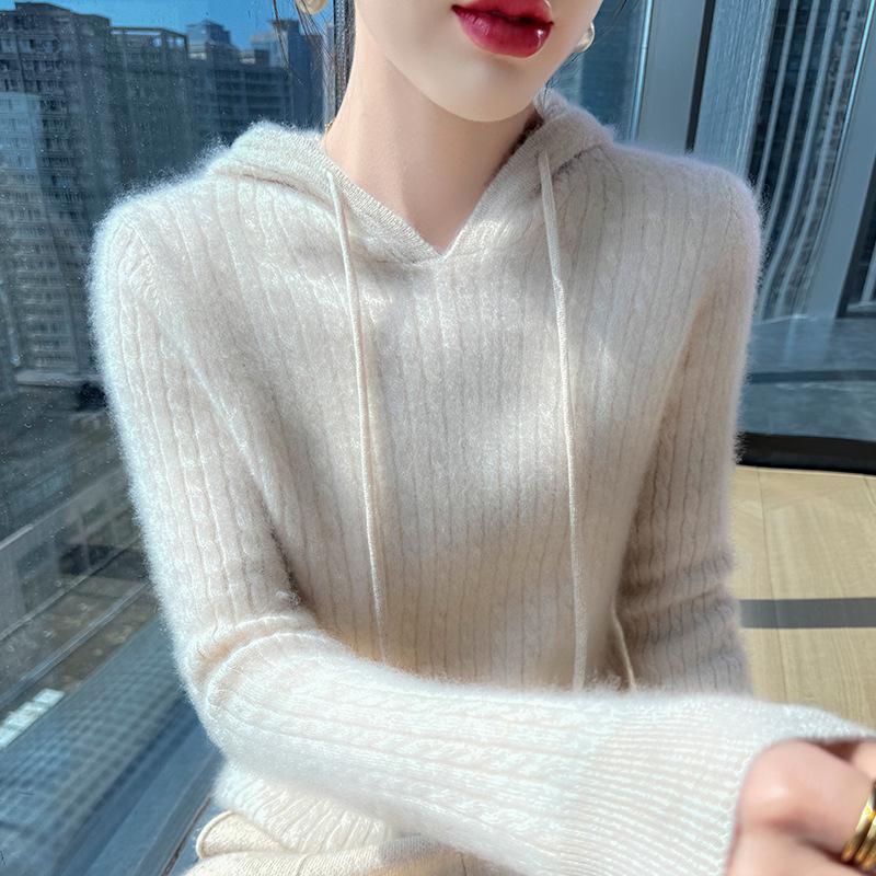 Damen Oversize Zopfstrick-Wollpullover mit Kapuze und Kordelzug: Herbst/Winter Pullover im literarischen Stil