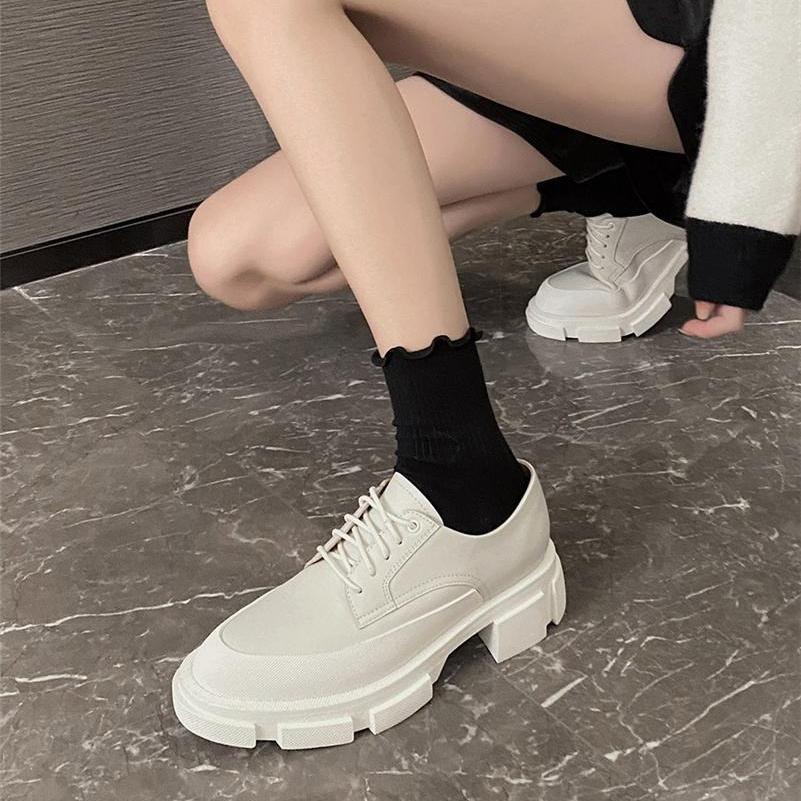 FOREADA Women Genuine Leather Loafers Pumps Round Toe Thick Mid Heels Lace-up Platform Ladies Fashion Shoes Spring Autumn Beige