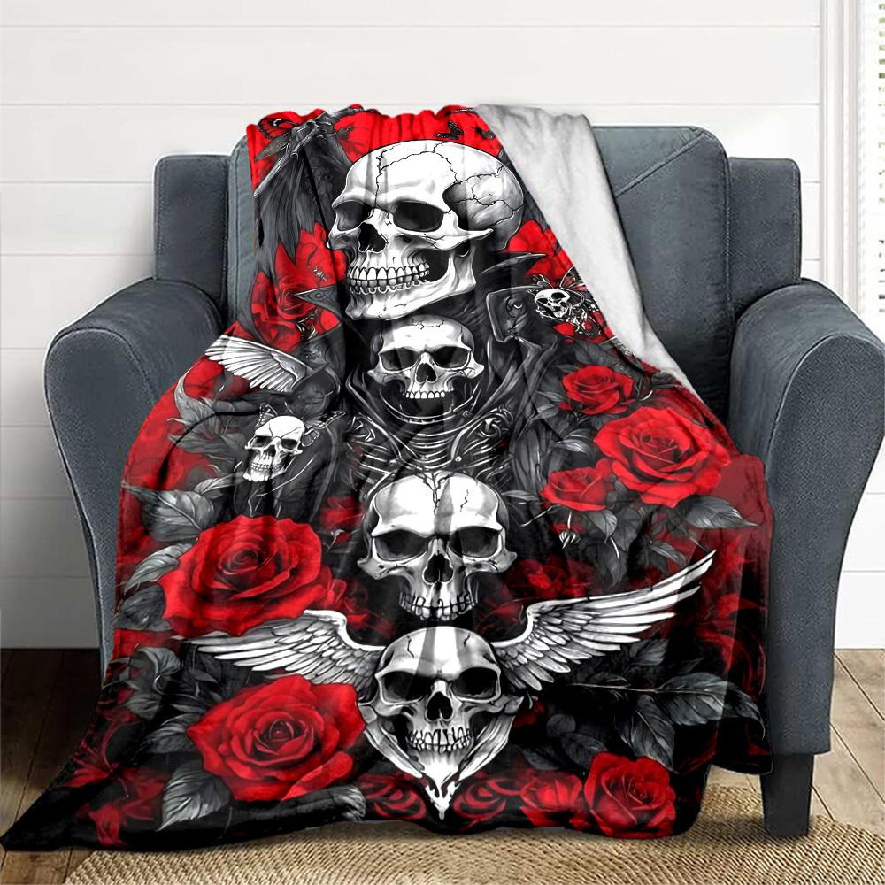 1pc Skull Roses Blanket, Lightweight Flannel Throw For Sofa, Bed, Travel, Camping, Livingroom, Office, Couch, Chair, And Bed,