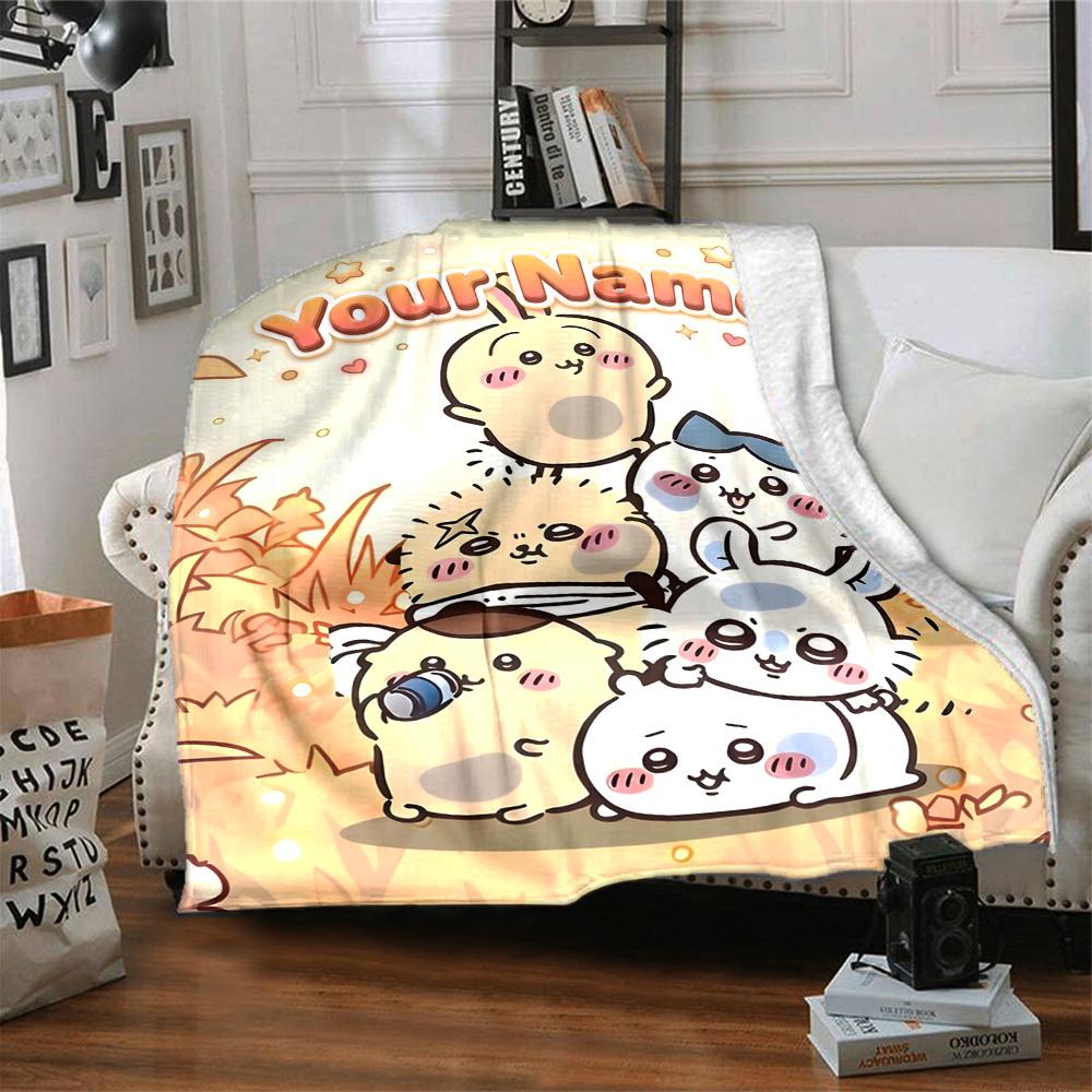 1pc Chiikawa Blanket with Custom Name, Gift, for Men and Women, Soft Blanket, Good for Sofa Bed Couch Travel, Lightweight Flannel Blanket