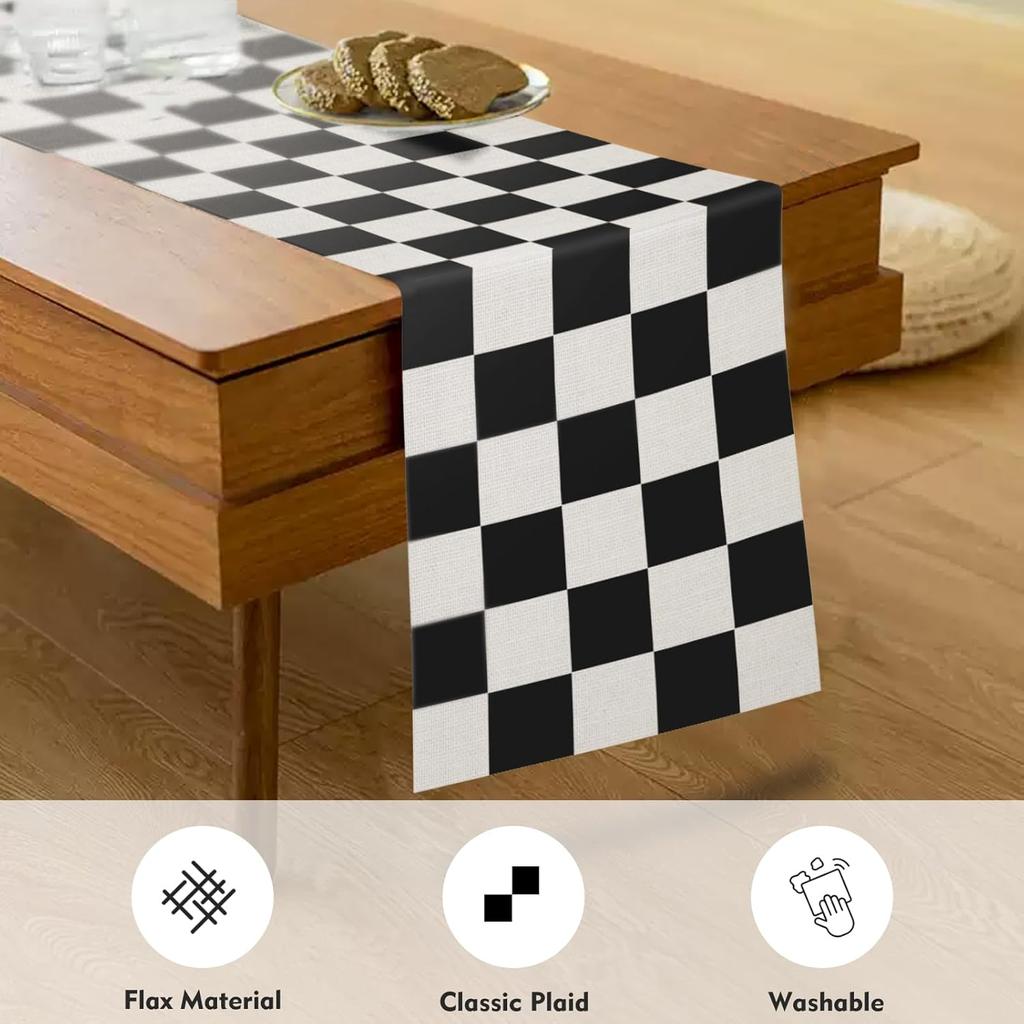 13x72 in Black and White Checkered Table Runner, Classic Linen, Perfect for Race Themed Parties and Events