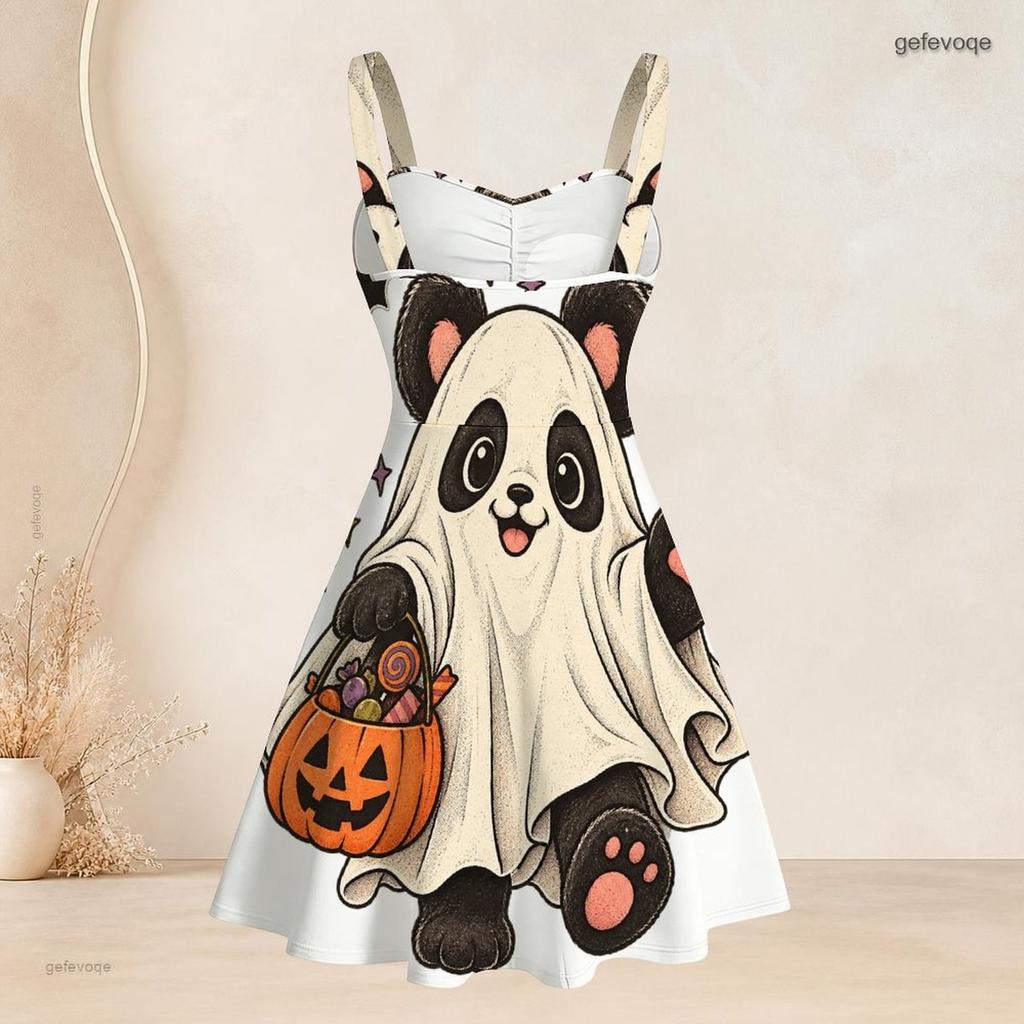Women Plus Size Off Shoulder Strappy Sleeveless Fitted Waist Ghost Pumpkin Print Flared Dress