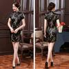Women Chinese Dragon Phoenix Embroidery High Neck Short Sleeve Split Mini Dress