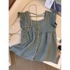 Age-reducing Retro Women's Summer New Flying Sleeves Denim Shirt Versatile Design Square Collar Thin Sleeveless Top