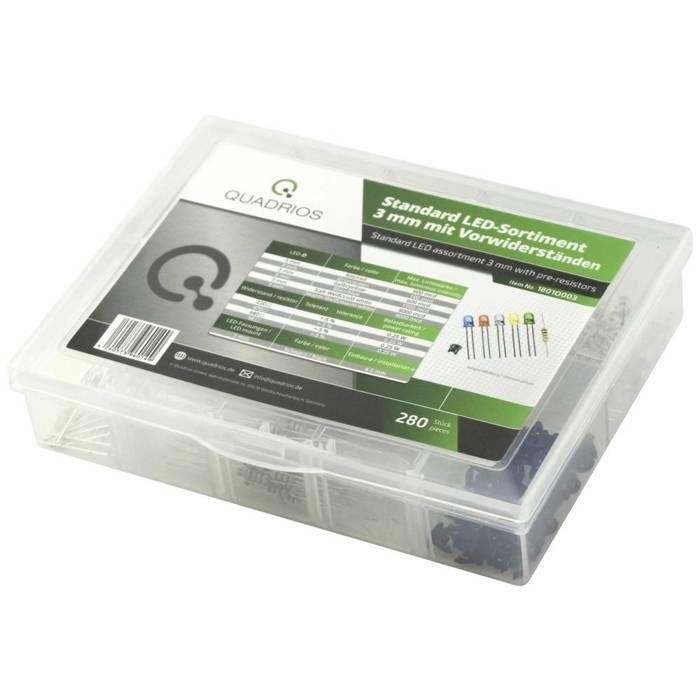 Quadrios Assortiment de LEDs rouge, vert, jaune, bleu, blanc froid, blanc chaud 3 mm 20 mA 3.0 V