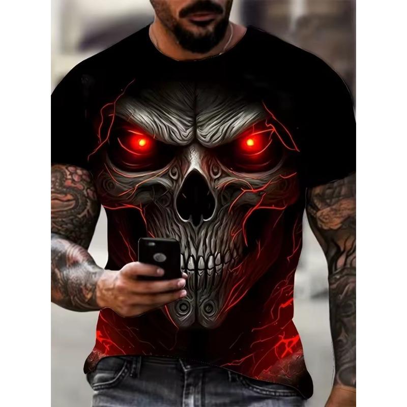 Men's Summer Casual T-Shirt 3D Golden Lightning Skull Print Short Sleeve Streetwear
