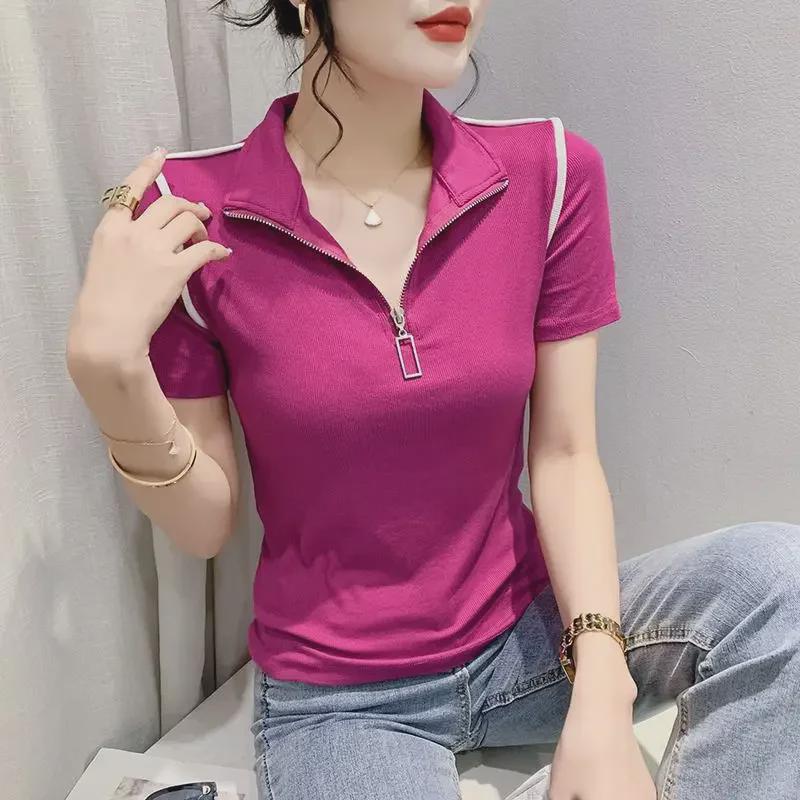 Tricou European pentru Femei cu Guler Ridicat și Fermoar la Jumătate, Design de Vară 2023, Top Versatil cu Mânecă Scurtă